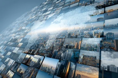 Digital World Map Overlay On Cityscape Video Wall