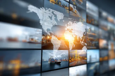 Digital World Map Overlay On Global Logistics Video Wall