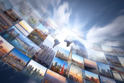Global Cityscape Montage With Digital World Map