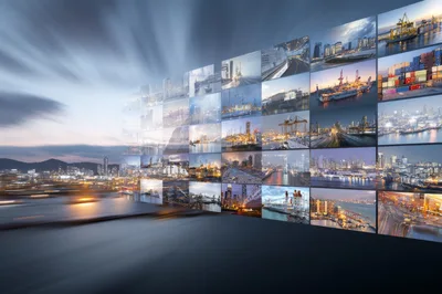 Digital Video Wall Displaying Global Logistics And Cityscapes