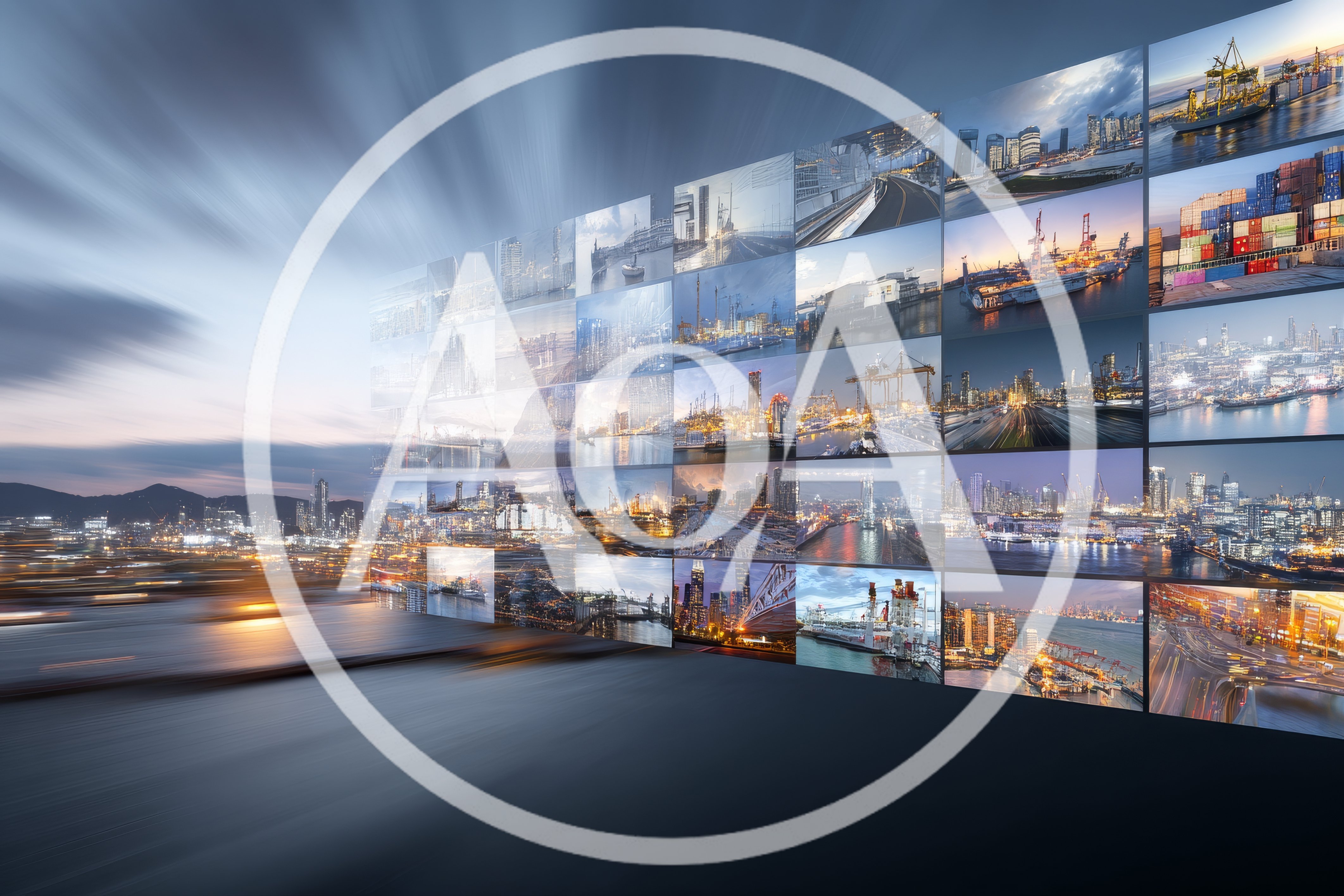 Digital Video Wall Displaying Global Logistics And Cityscapes