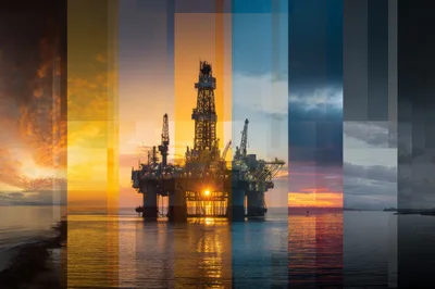Oil Drilling Rig At Sunset With Vertical Color Strips