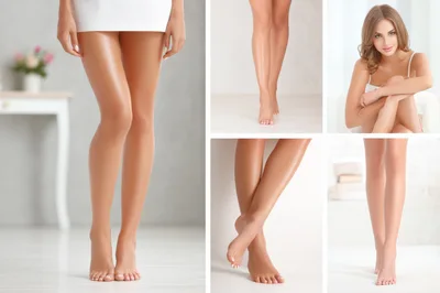 Collage Of Smooth Woman Legs And Skin Care