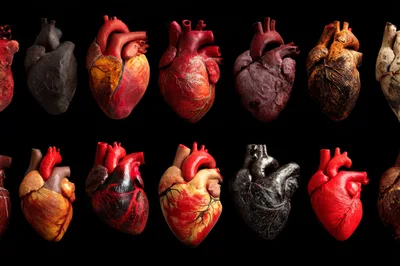 Collection Of Anatomical Human Hearts On Black Background