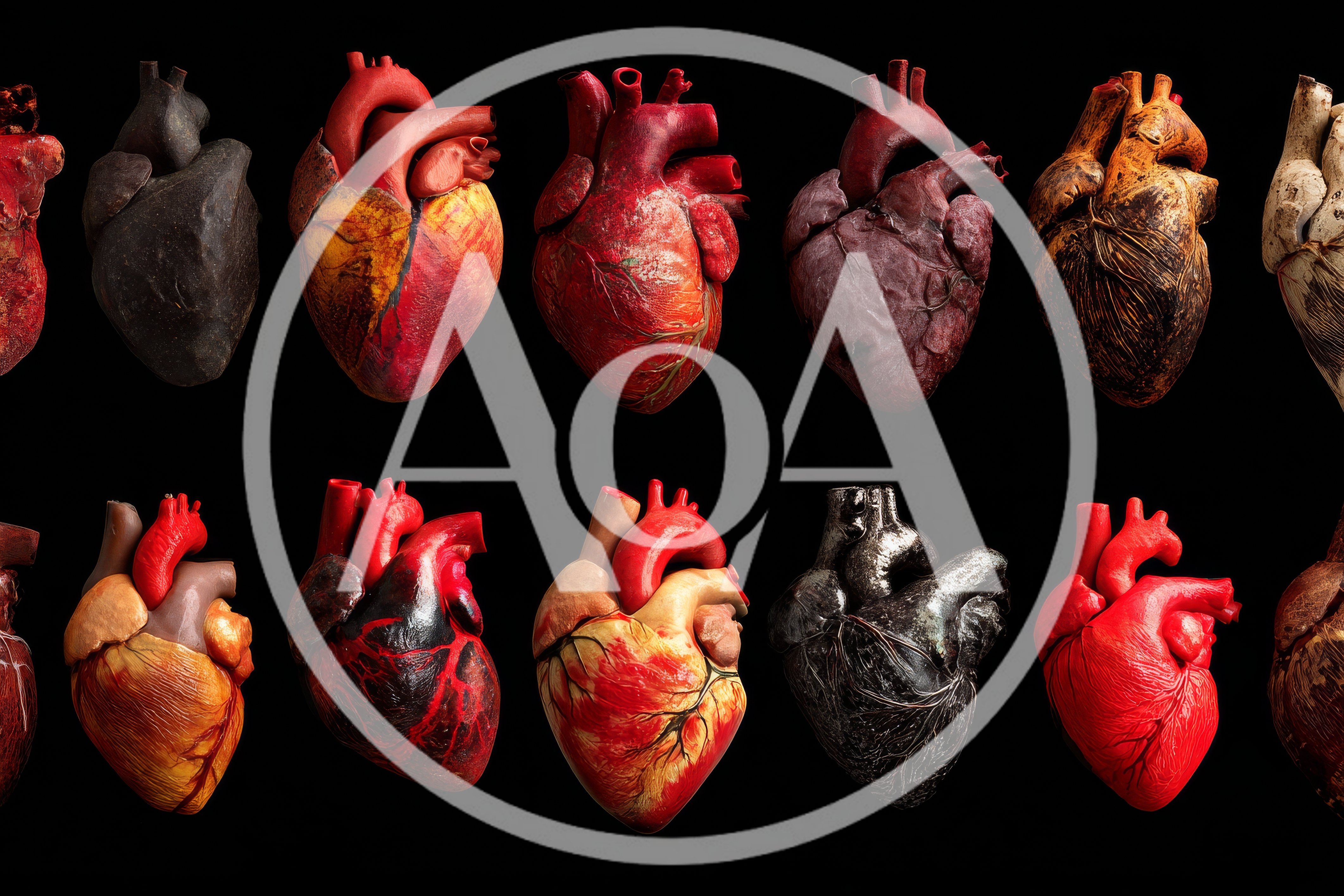 Collection Of Anatomical Human Hearts On Black Background