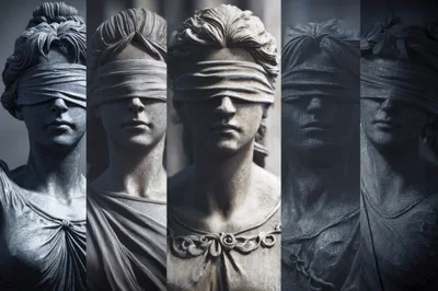 Collage Of Blindfolded Lady Justice Stone Statues