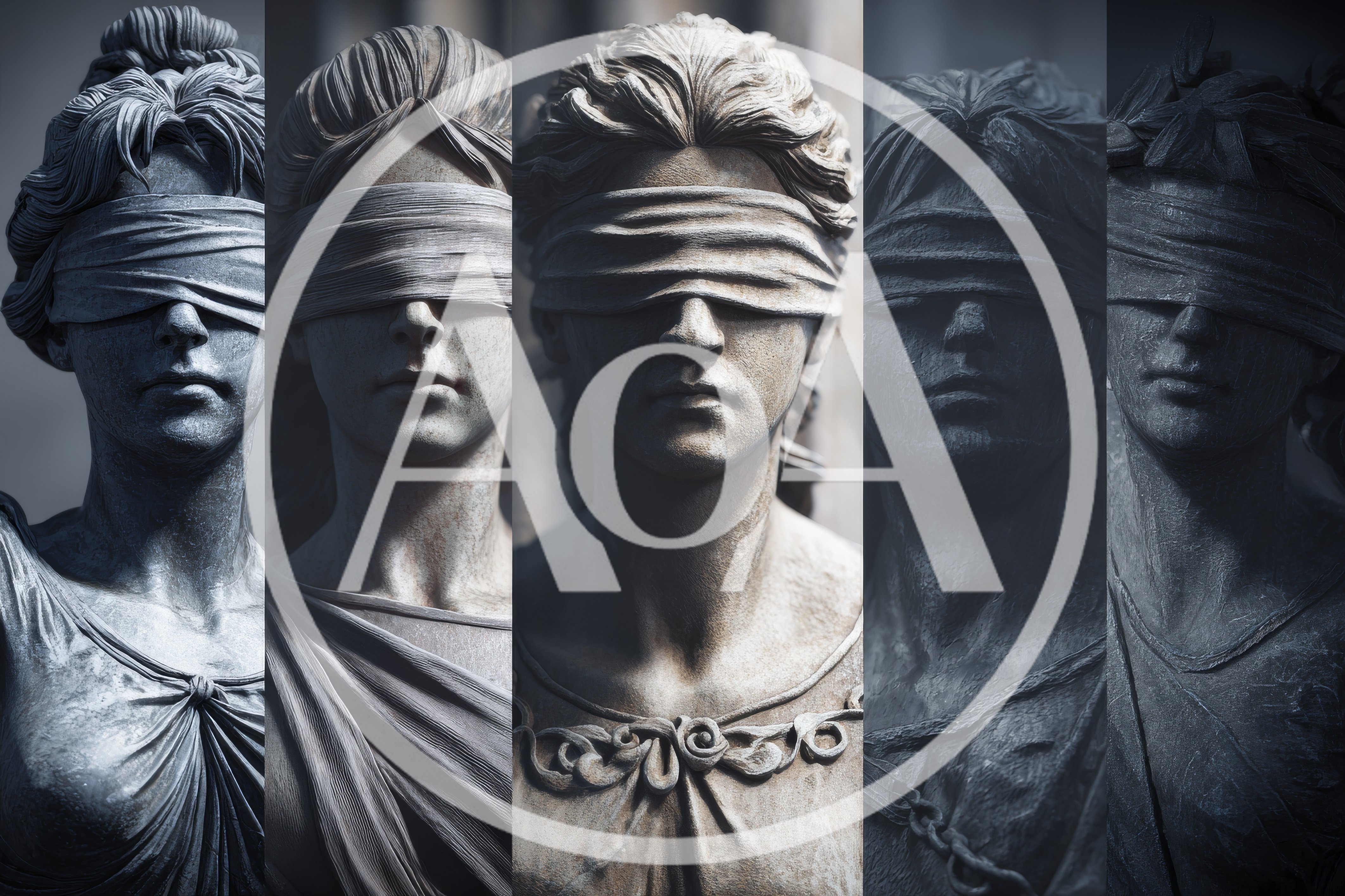 Collage Of Blindfolded Lady Justice Stone Statues