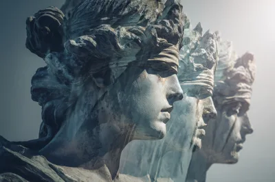 Three Blindfolded Classical Stone Statues In Profile
