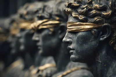 Row Of Blindfolded Classical Male Statues