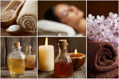 Spa Wellness Collage With Massage Oils And Towels