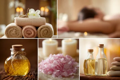 Spa Wellness Treatment Collage With Massage Oils And Towels