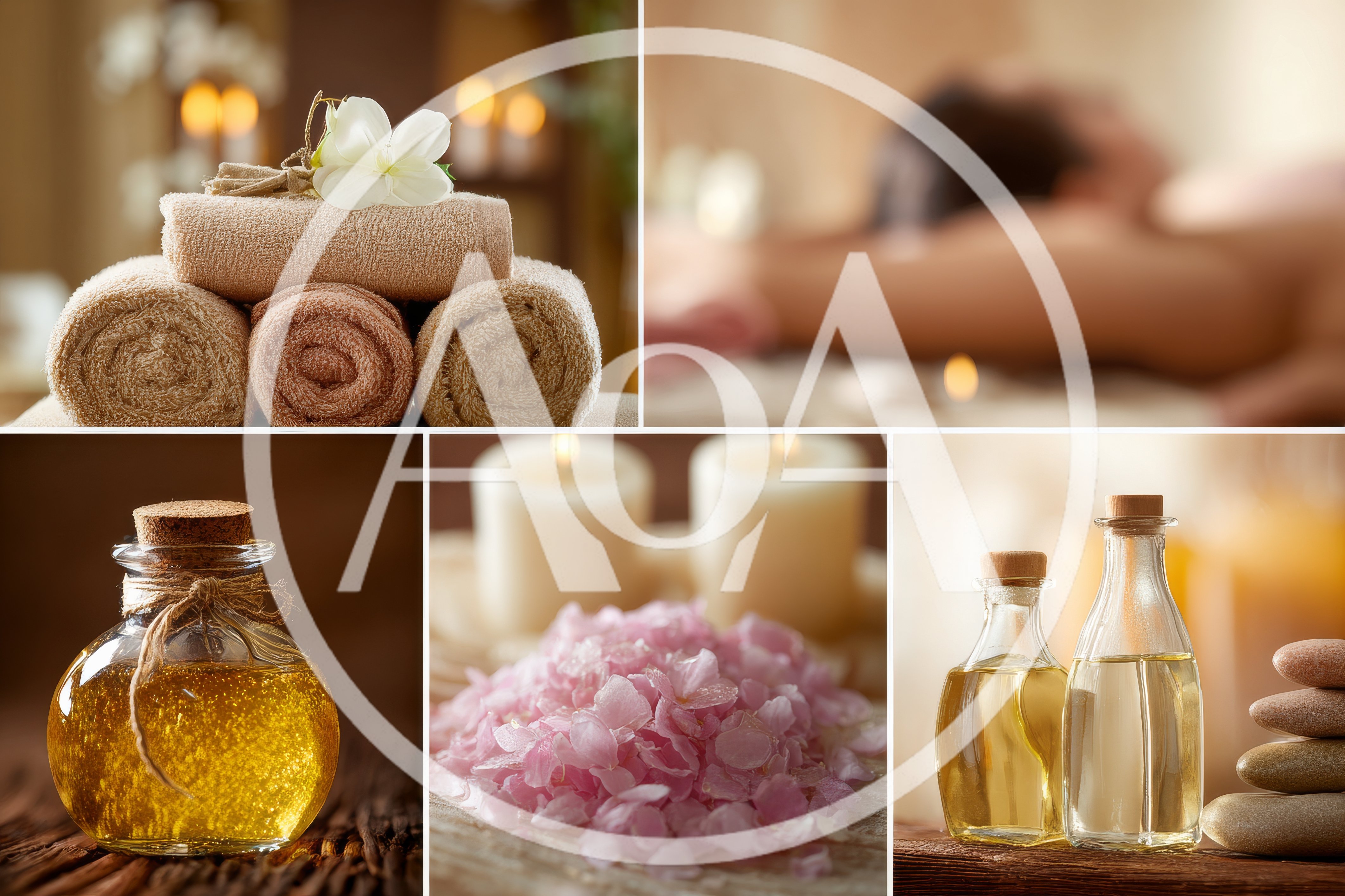 Spa Wellness Treatment Collage With Massage Oils And Towels