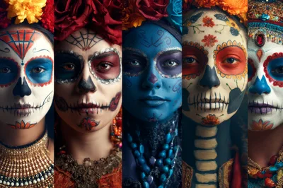 Five Women Wearing Traditional Dia De Los Muertos Makeup