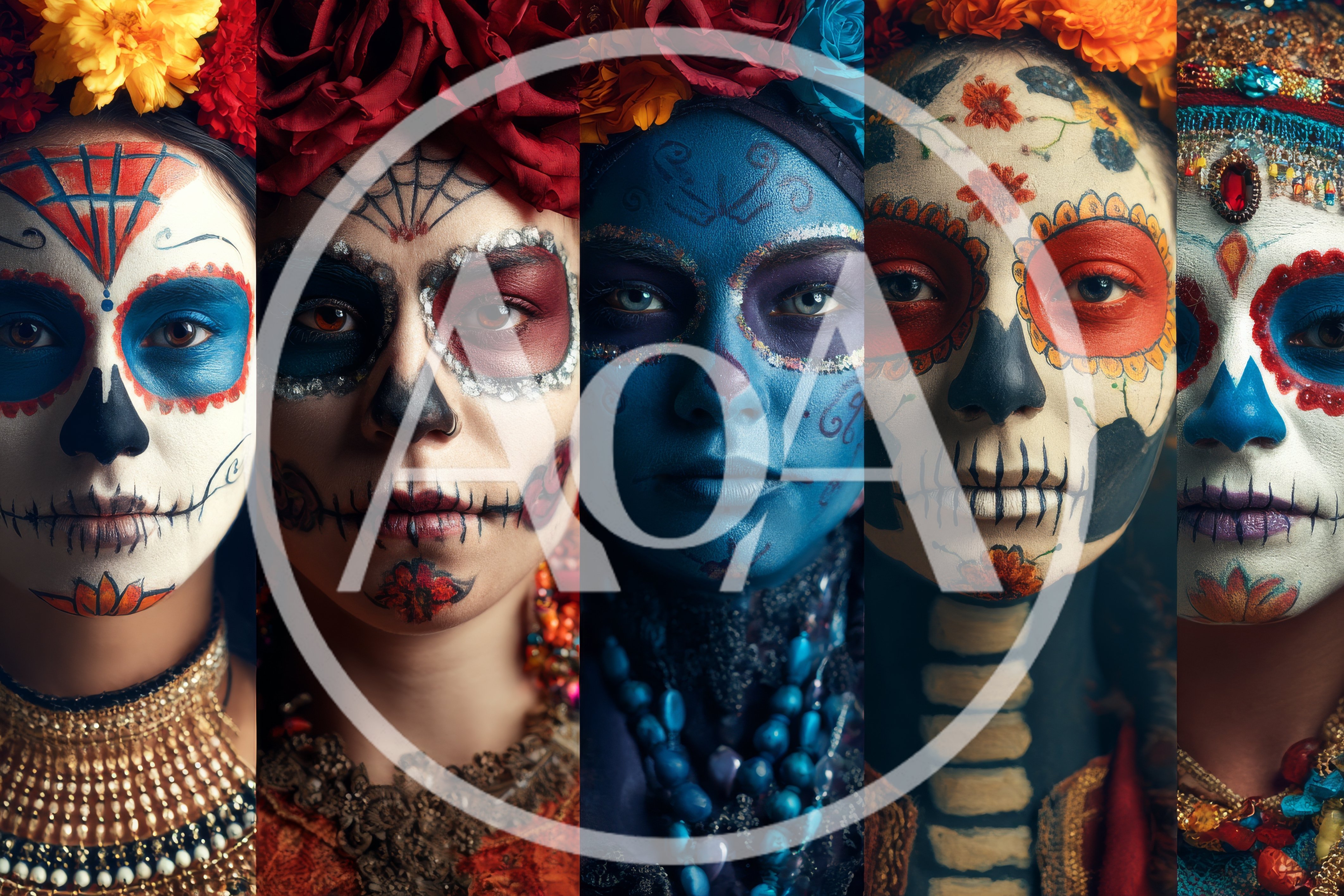 Five Women Wearing Traditional Dia De Los Muertos Makeup
