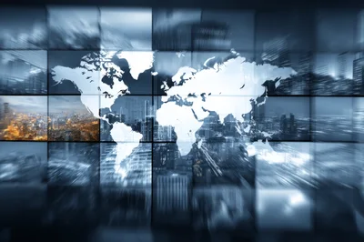 Digital World Map Overlay On Abstract Cityscape Background