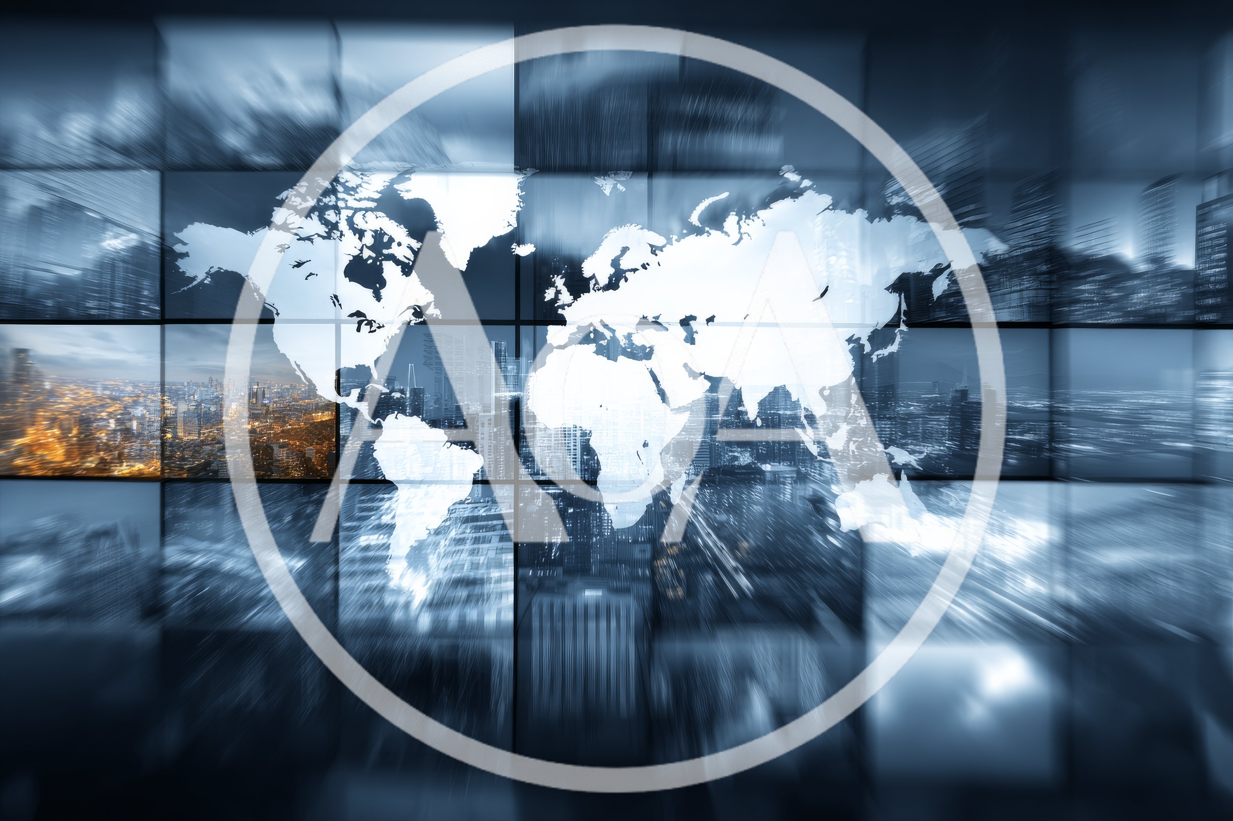 Digital World Map Overlay On Abstract Cityscape Background