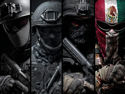 Four Tactical Soldiers In Combat Gear And Masks