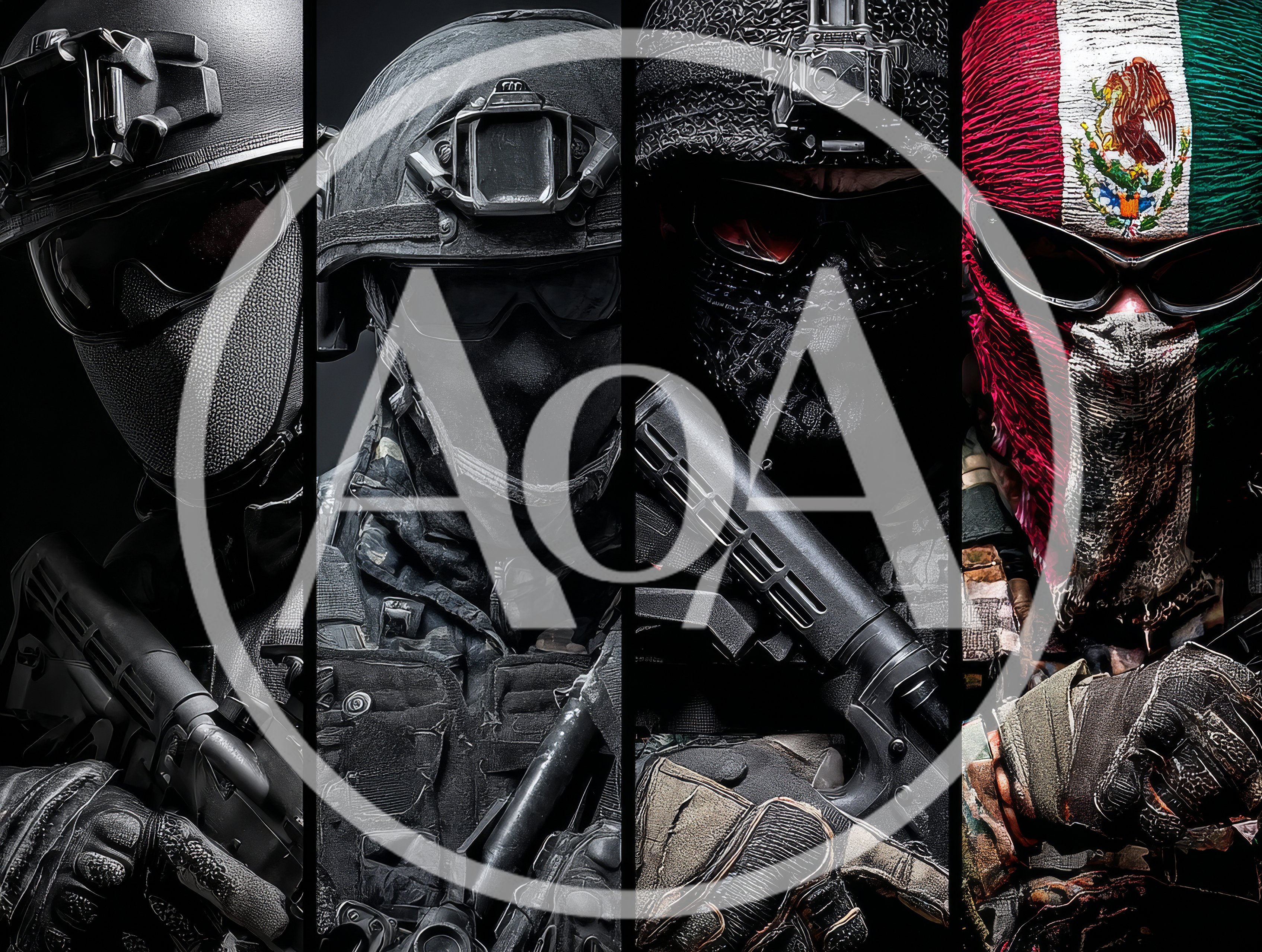 Four Tactical Soldiers In Combat Gear And Masks