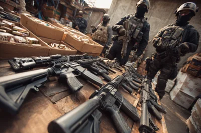 Armed Soldiers Inspecting Weapons Cache In Market