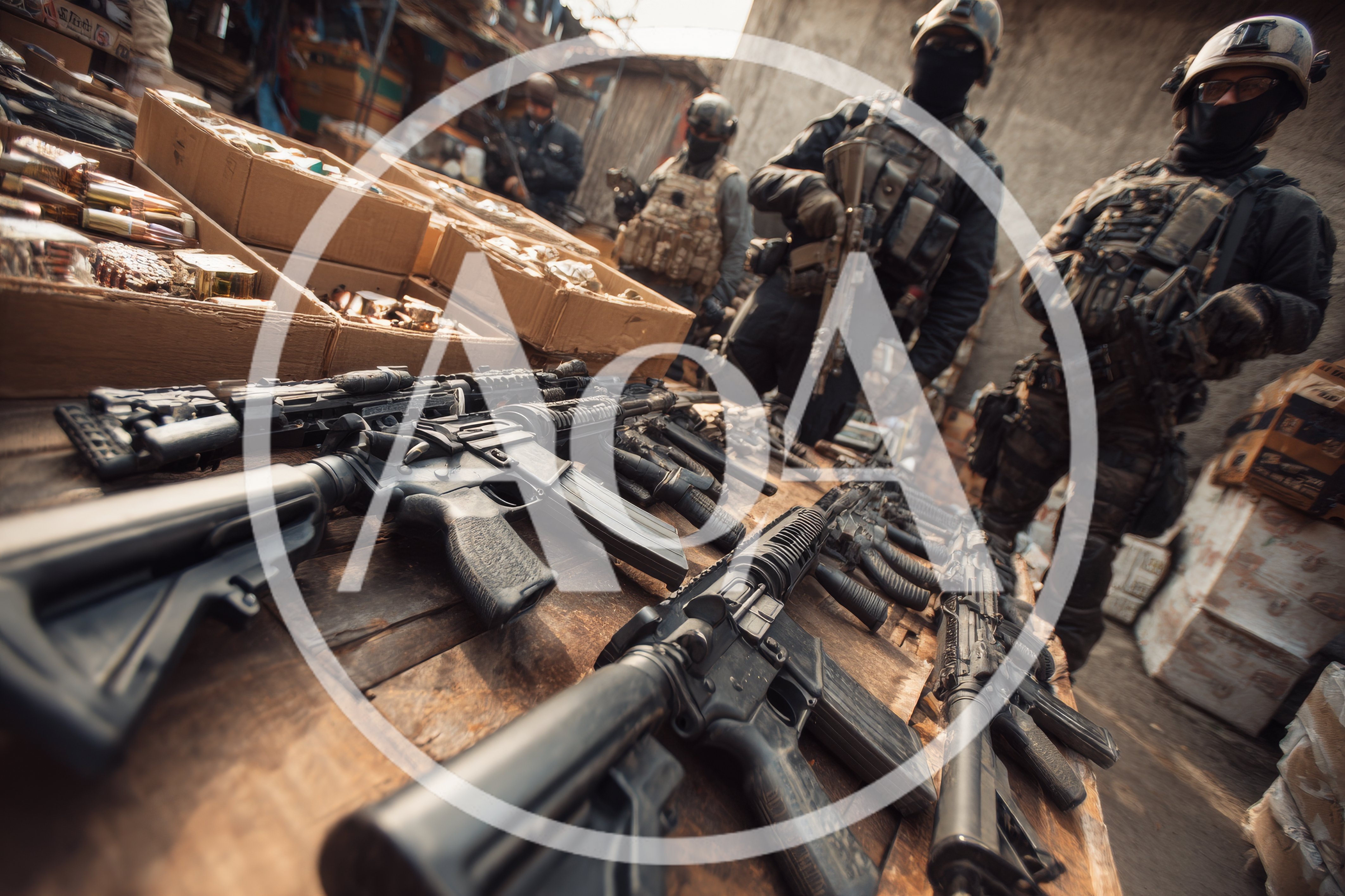 Armed Soldiers Inspecting Weapons Cache In Market