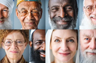 Diverse Elderly People Portraits In A Grid Collage