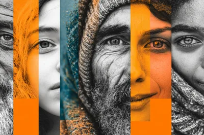 Collage Of Diverse Human Faces With Artistic Color Blocking