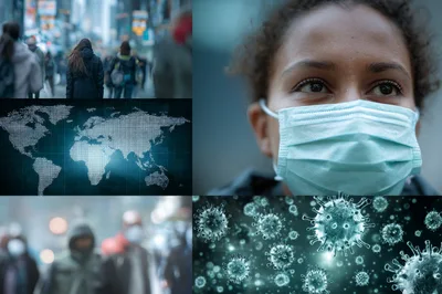 Global Pandemic Concept Collage With Virus And Masked People