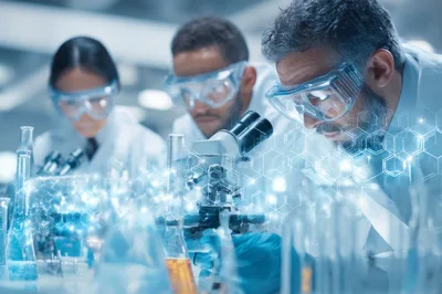 Scientists Conducting Research With Digital Molecular Data Visualization