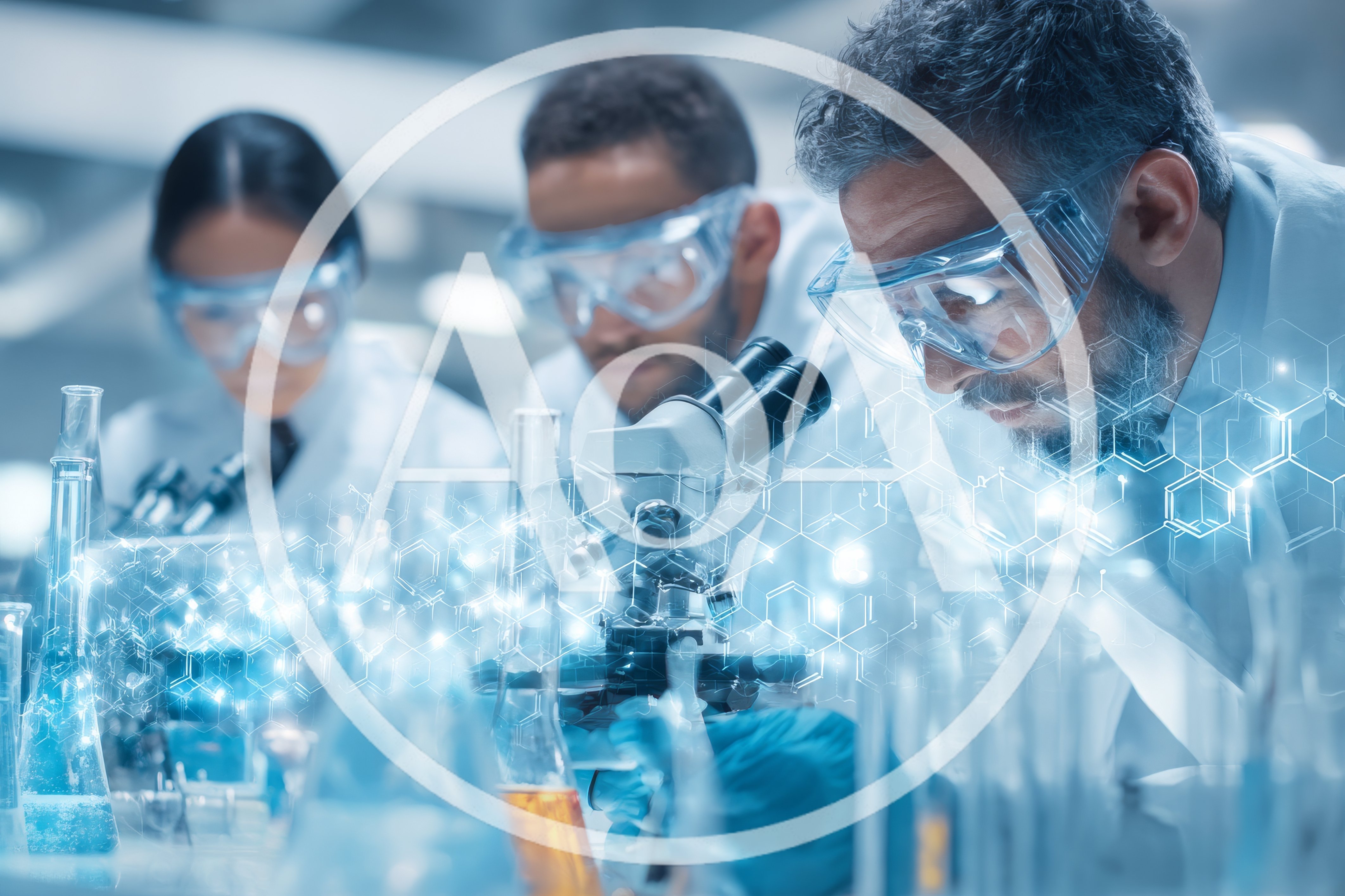Scientists Conducting Research With Digital Molecular Data Visualization