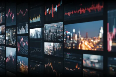 Digital Financial Trading Dashboard With Cityscape Overlays