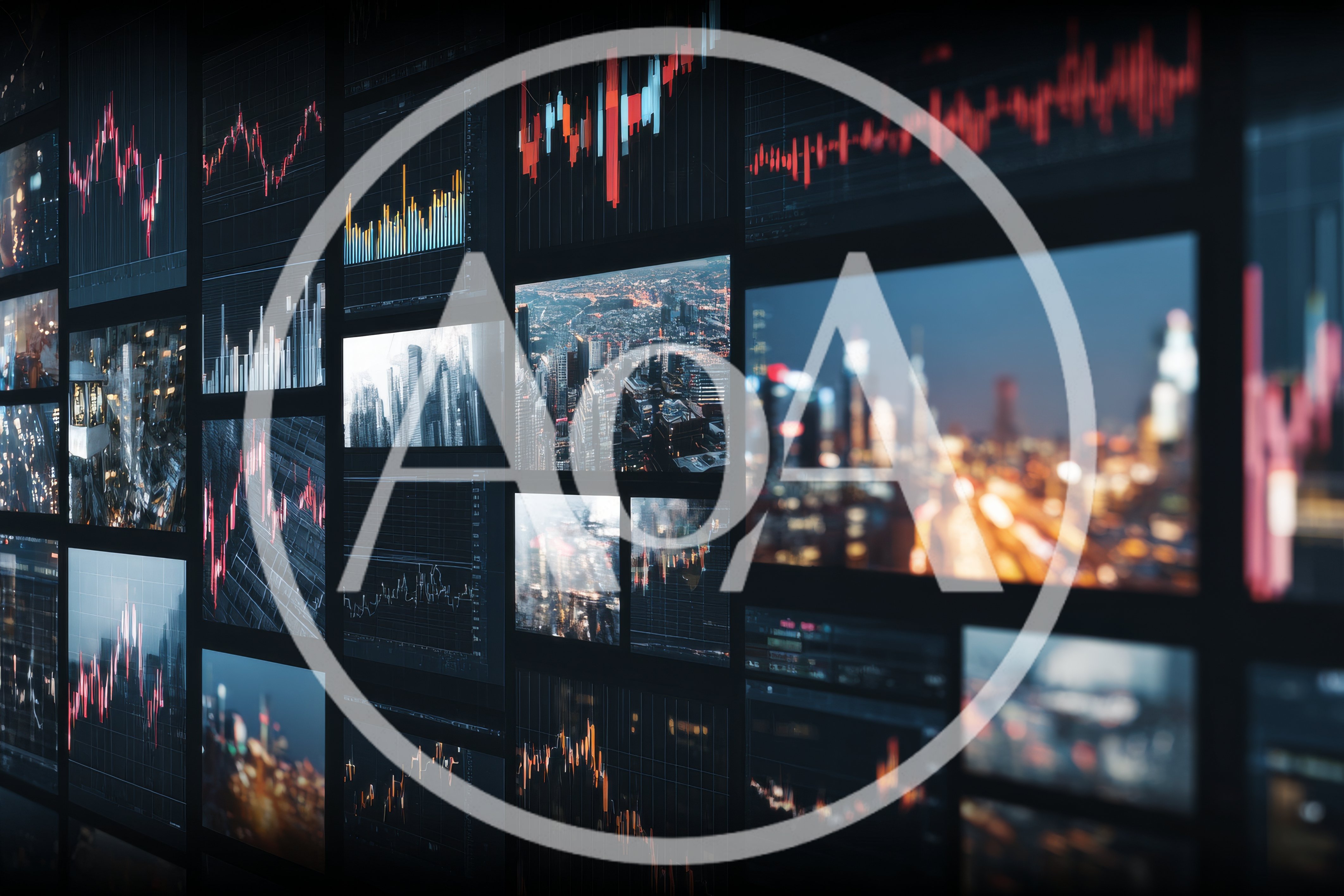 Digital Financial Trading Dashboard With Cityscape Overlays