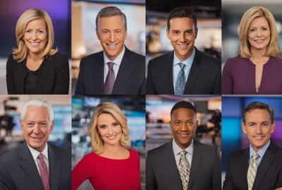 Professional News Anchors In A Television Studio Grid