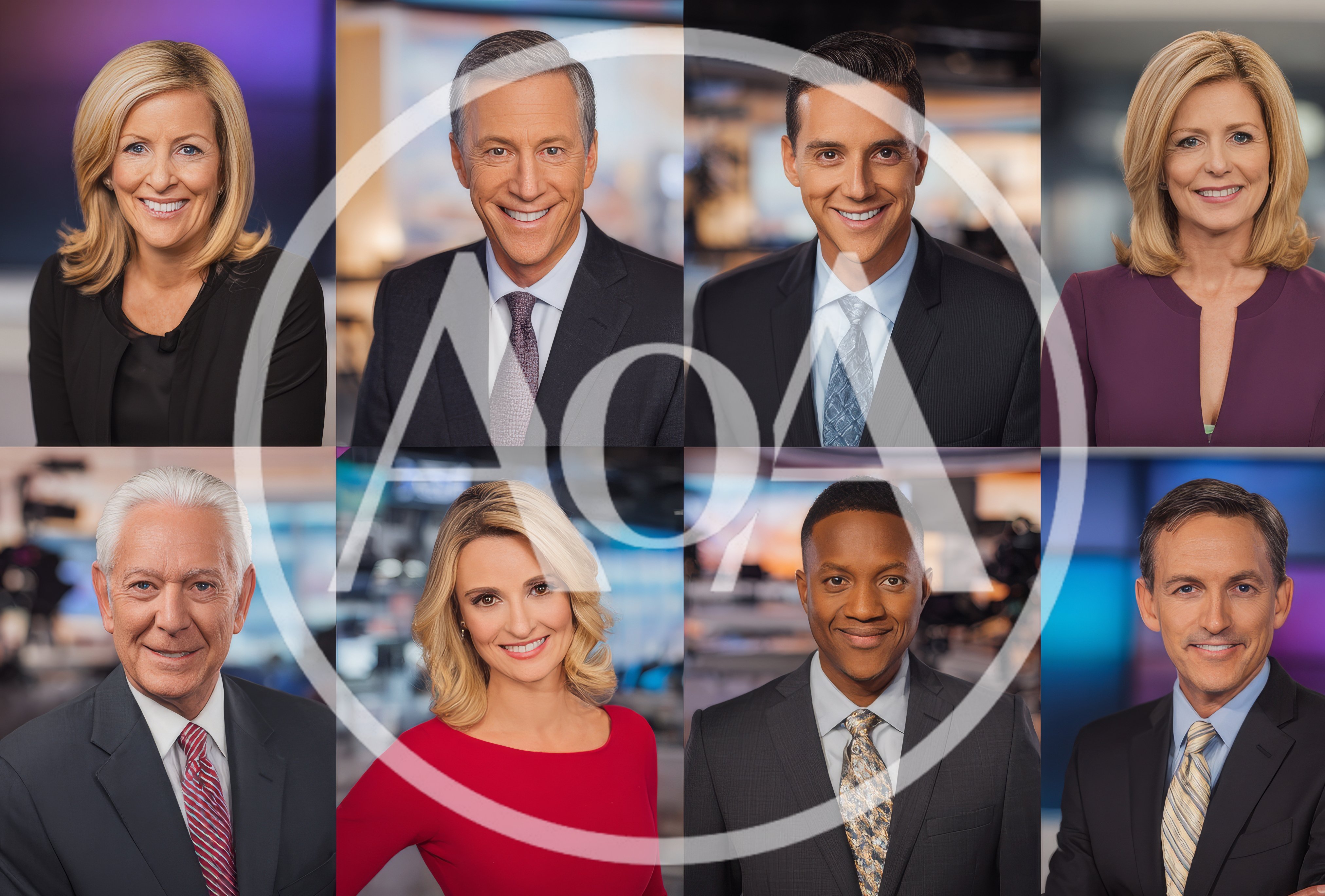 Professional News Anchors In A Television Studio Grid