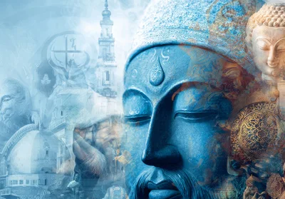 Spiritual Collage Featuring Buddha Statues and Architectural Landmarks