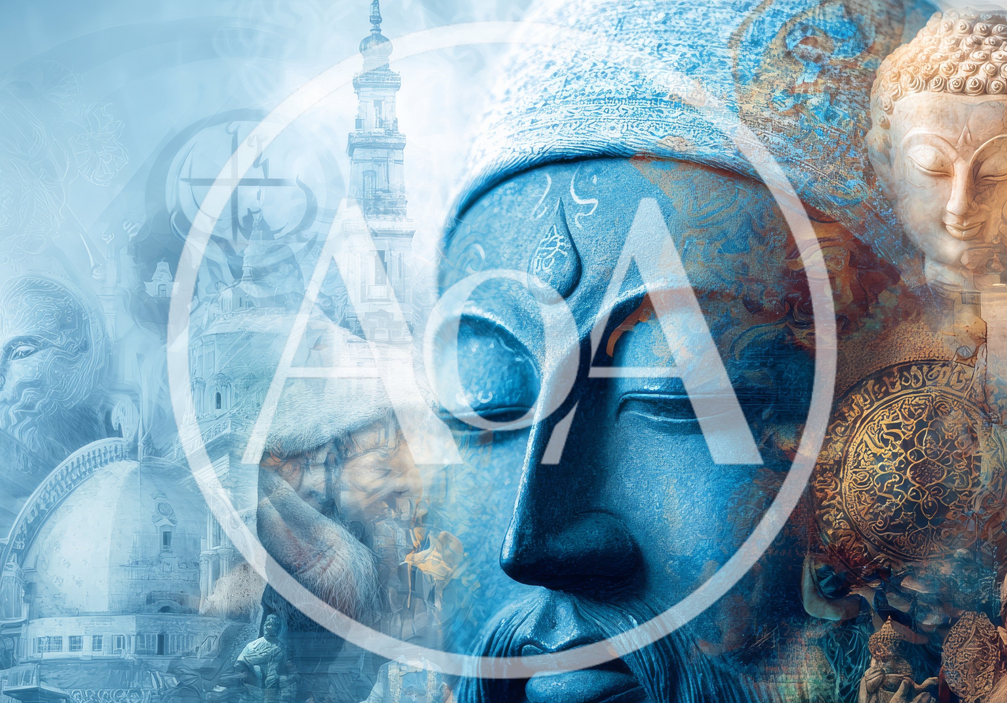 Spiritual Collage Featuring Buddha Statues and Architectural Landmarks
