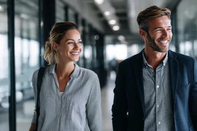 Professional Colleagues Walking Through A Modern Office Corridor