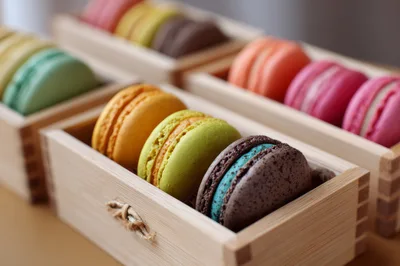 Assorted Colorful Macarons In Wooden Boxes