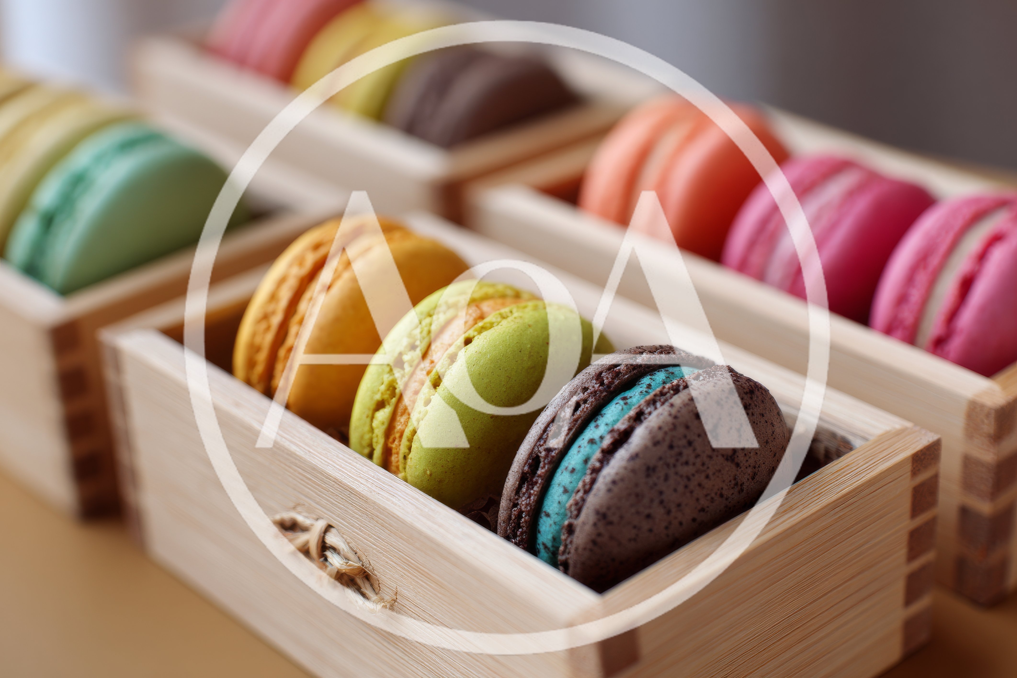 Assorted Colorful Macarons In Wooden Boxes