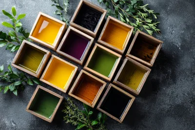 Top View Of Colorful Oils In Wooden Bowls