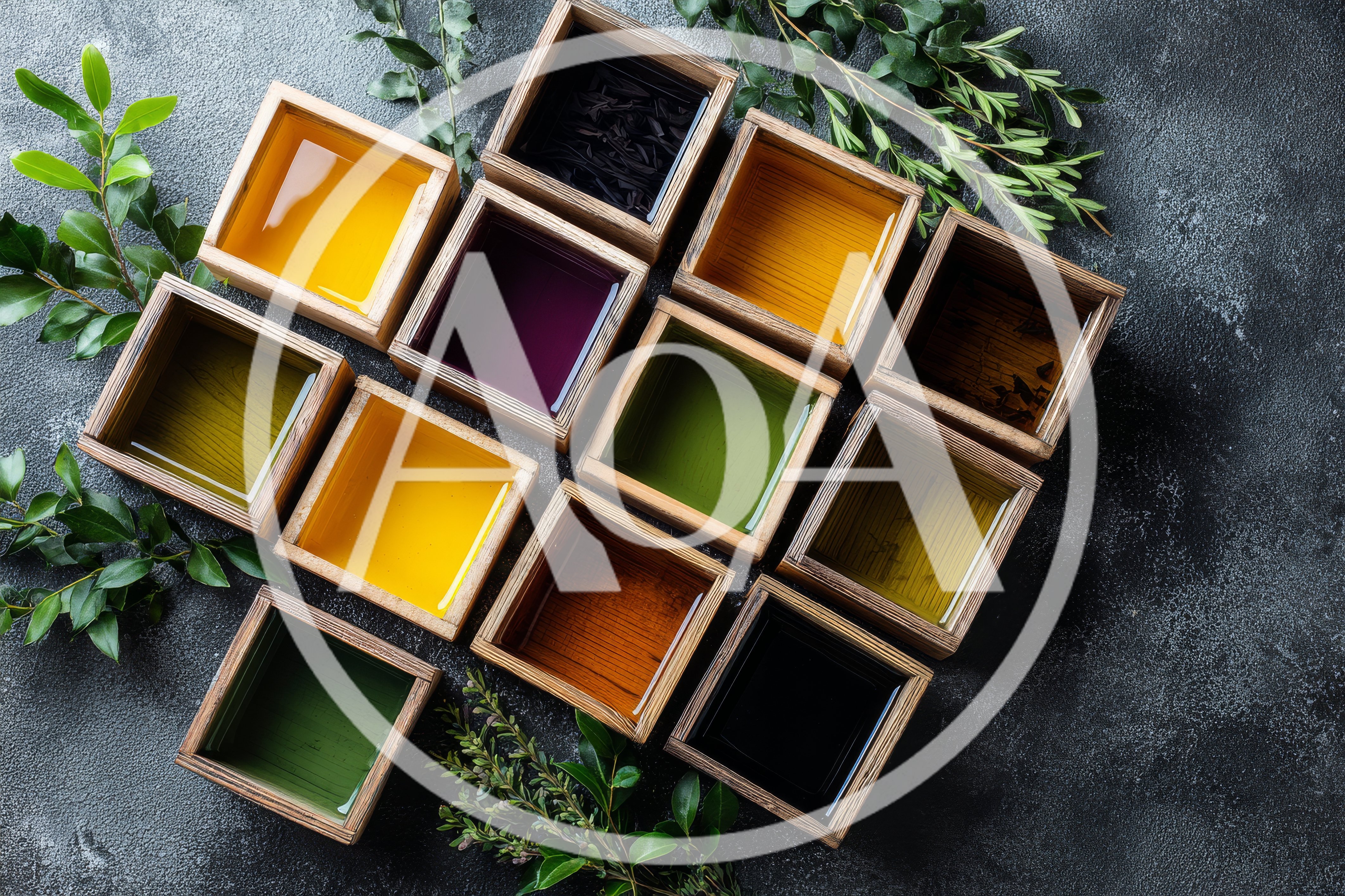 Top View Of Colorful Oils In Wooden Bowls