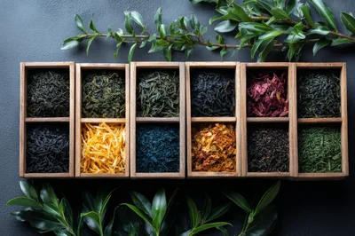 Assorted Loose Leaf Teas In Wooden Compartment Box
