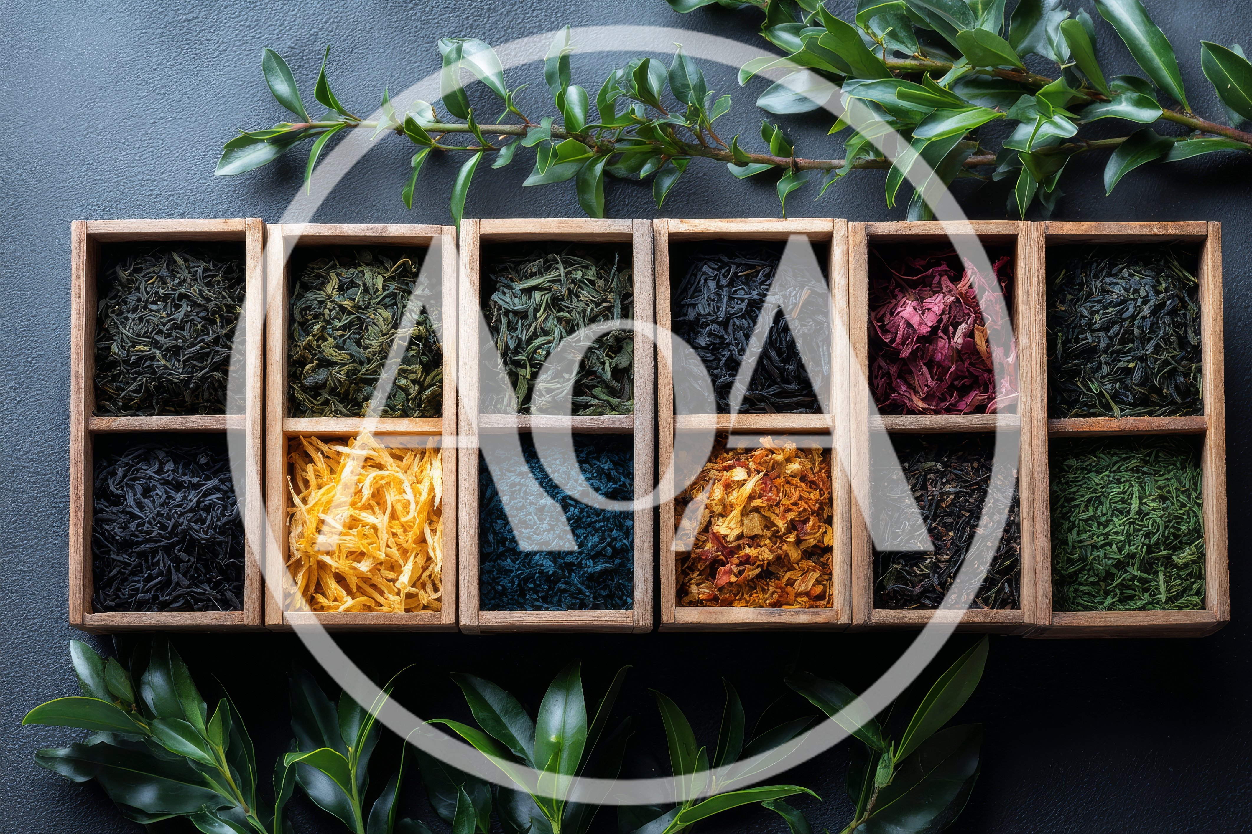 Assorted Loose Leaf Teas In Wooden Compartment Box