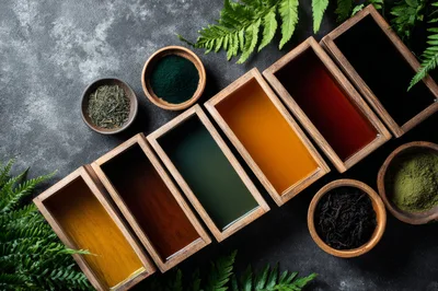 Assorted Natural Tea Powders And Liquid Infusions