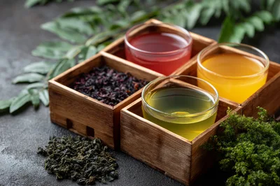Assorted Teas and Dried Leaves in Wooden Boxes