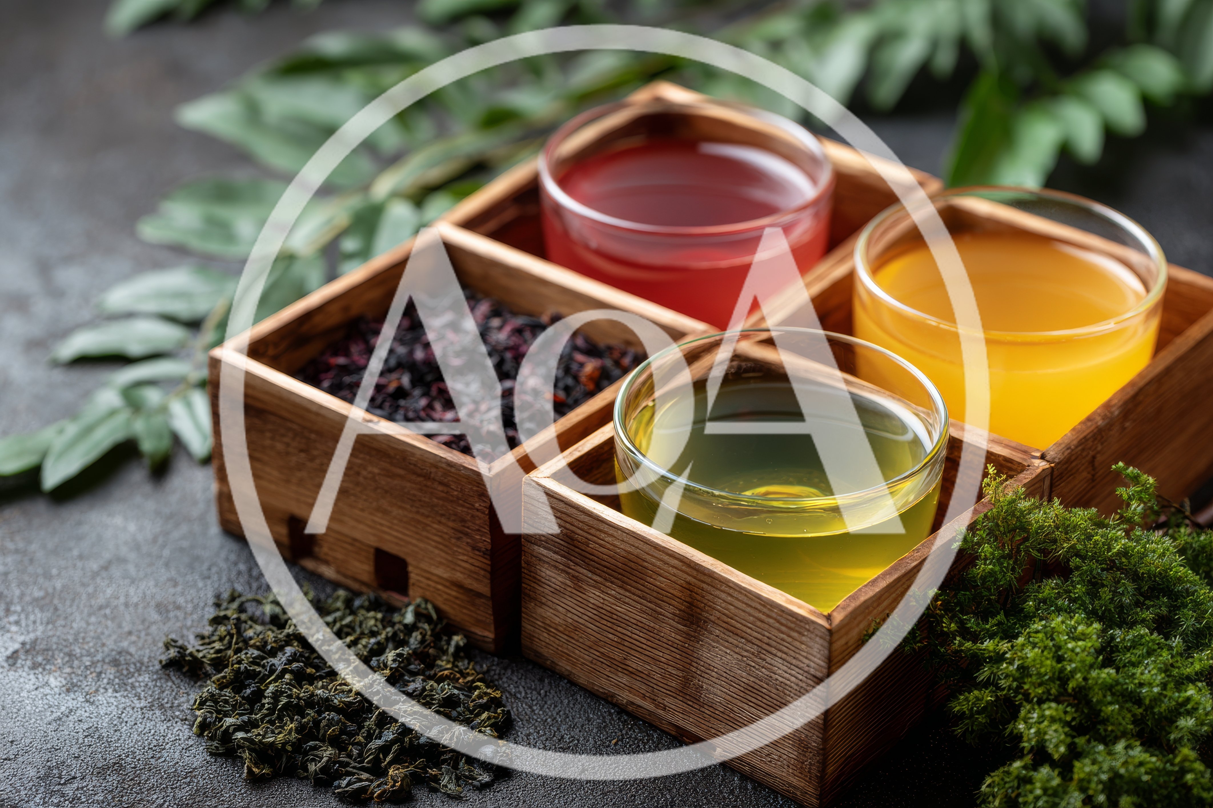 Assorted Teas and Dried Leaves in Wooden Boxes
