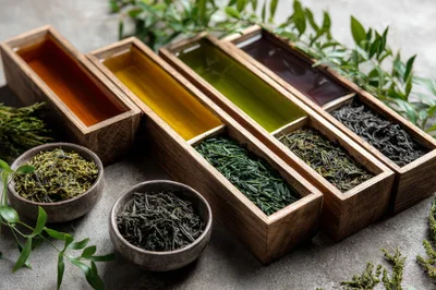 Assorted Tea Leaves and Infused Oils in Wooden Containers