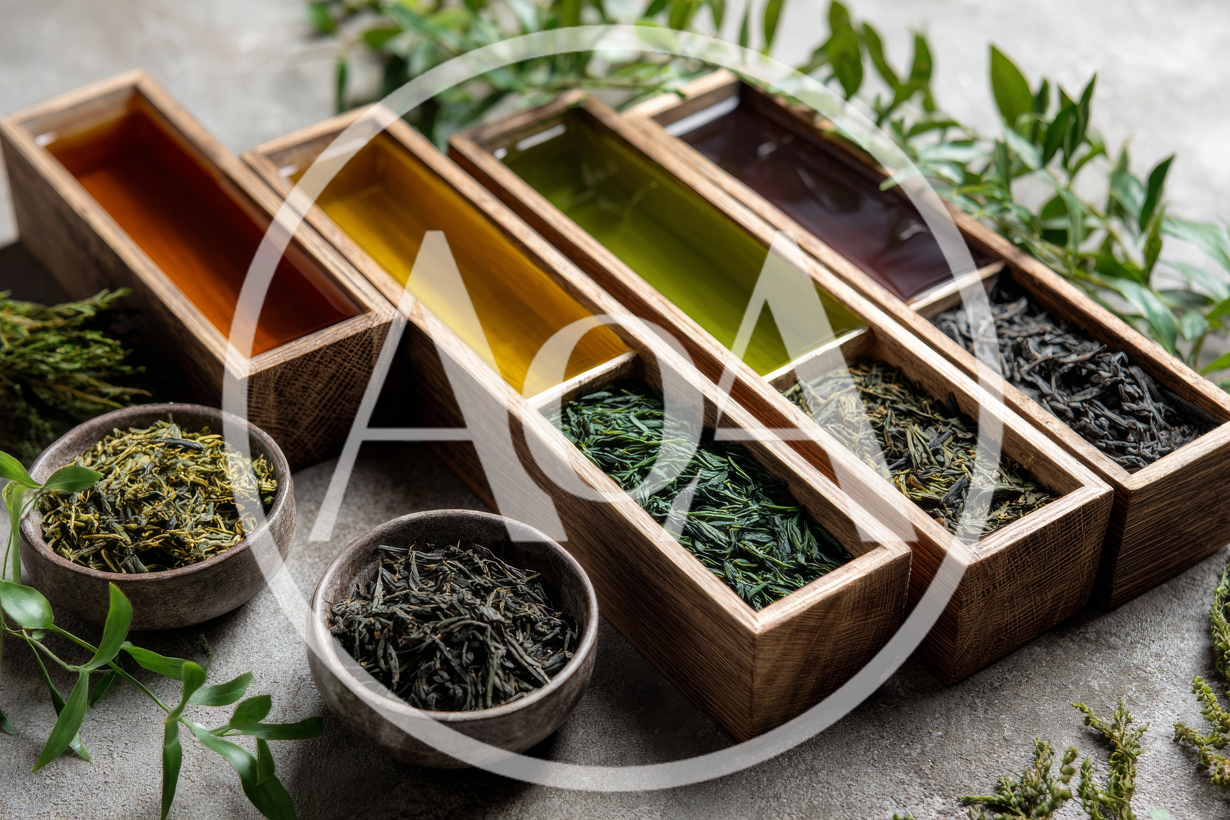 Assorted Tea Leaves and Infused Oils in Wooden Containers