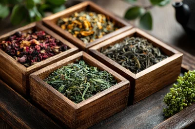 Four Wooden Boxes Filled With Assorted Loose Leaf Teas