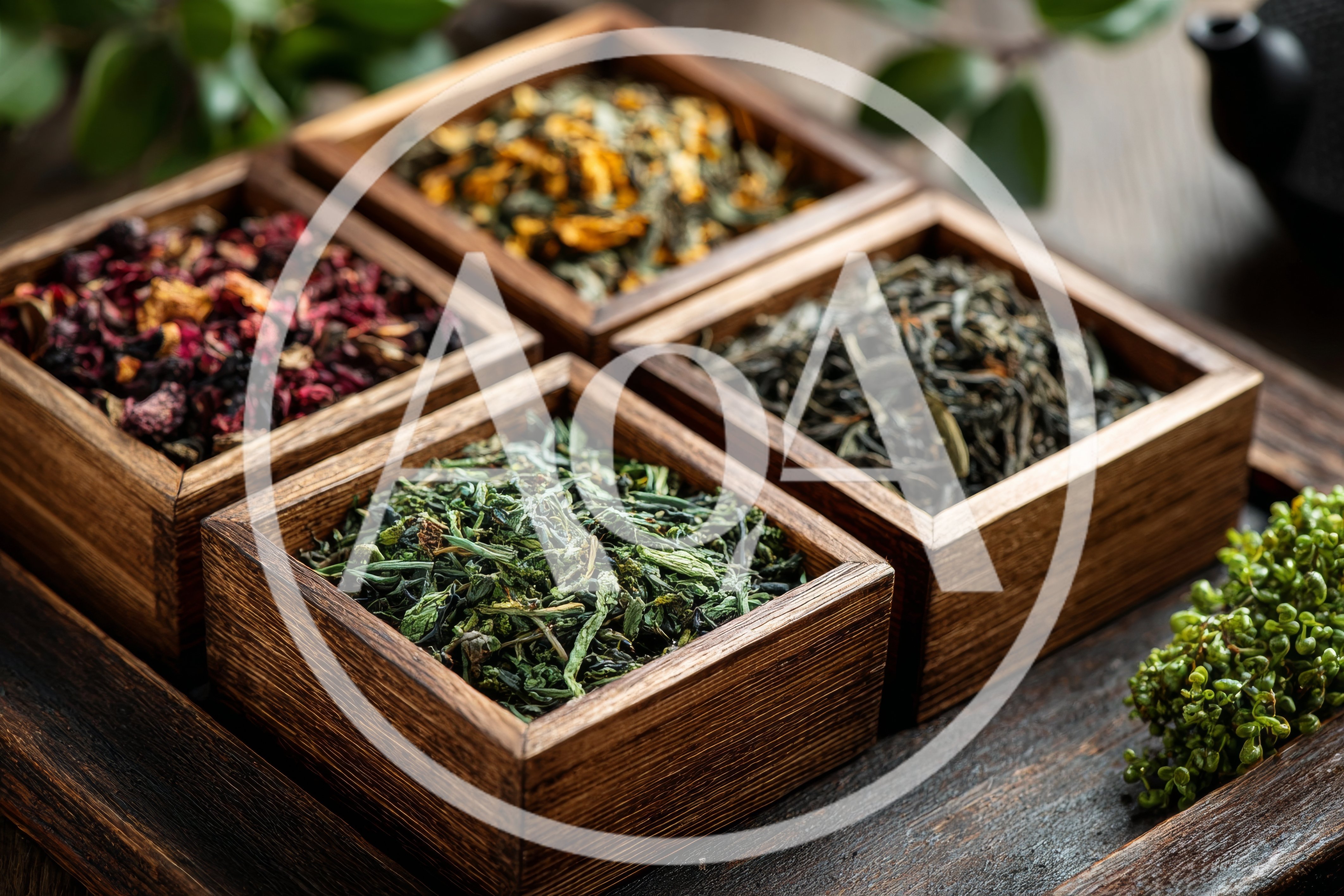 Four Wooden Boxes Filled With Assorted Loose Leaf Teas