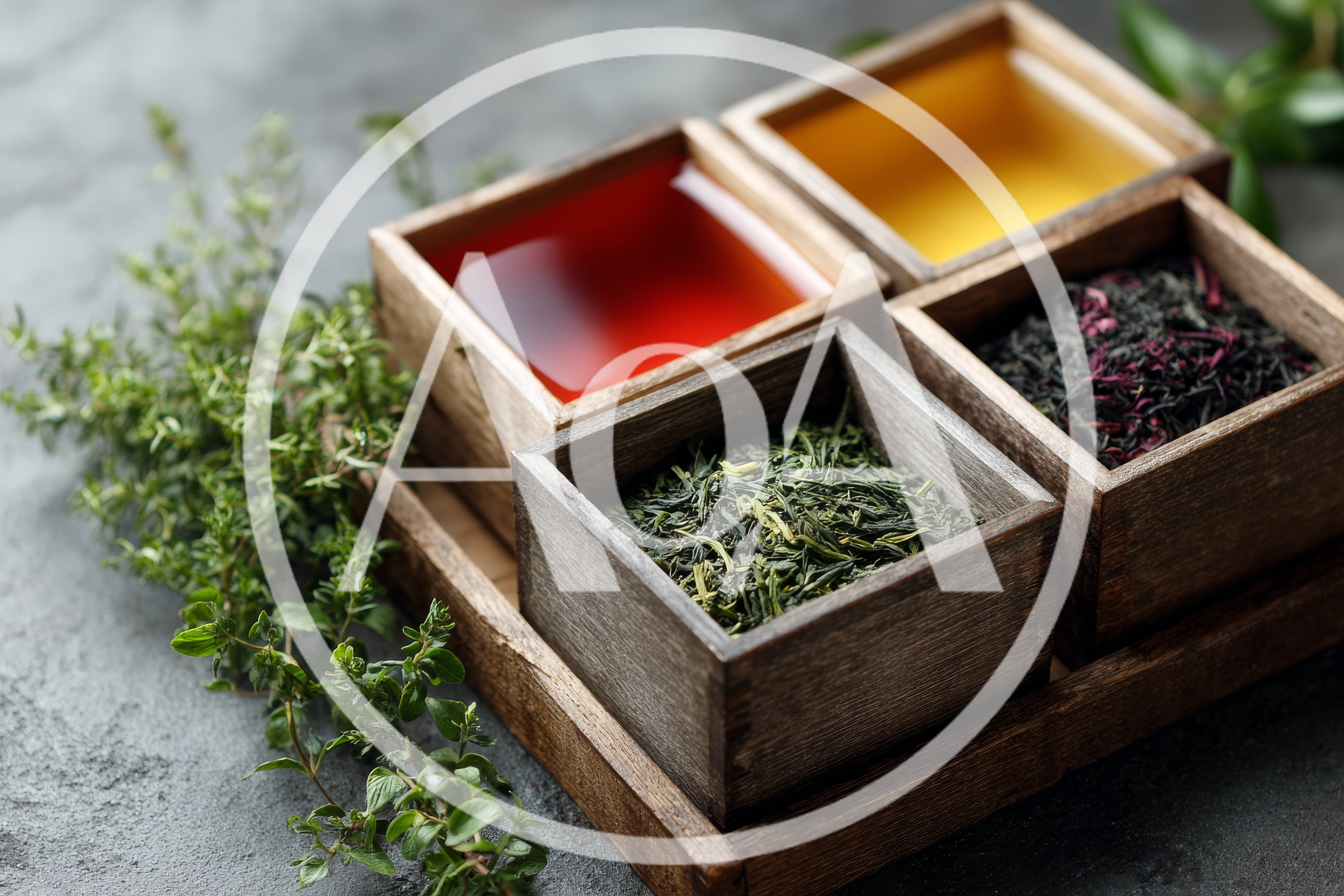 Assorted Tea Leaves and Infusions in Wooden Boxes